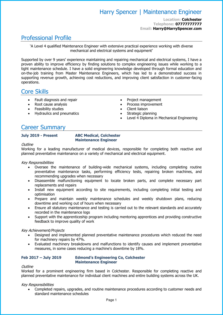 Maintenance Engineer Cv Example [get More Interviews]