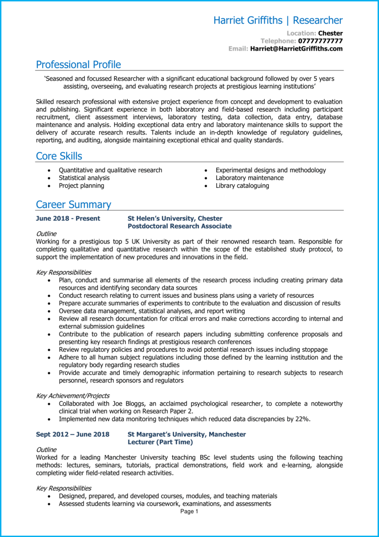 research paper curriculum vitae for research