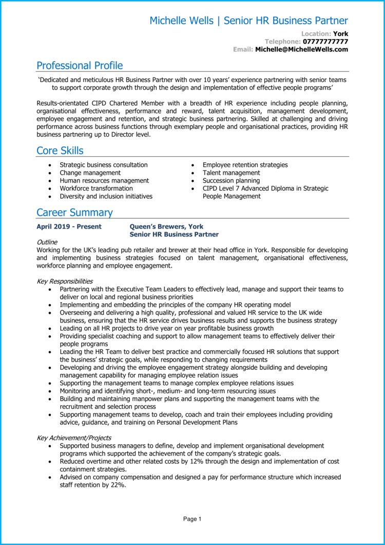 Sr Human Resources Business Partner Resume