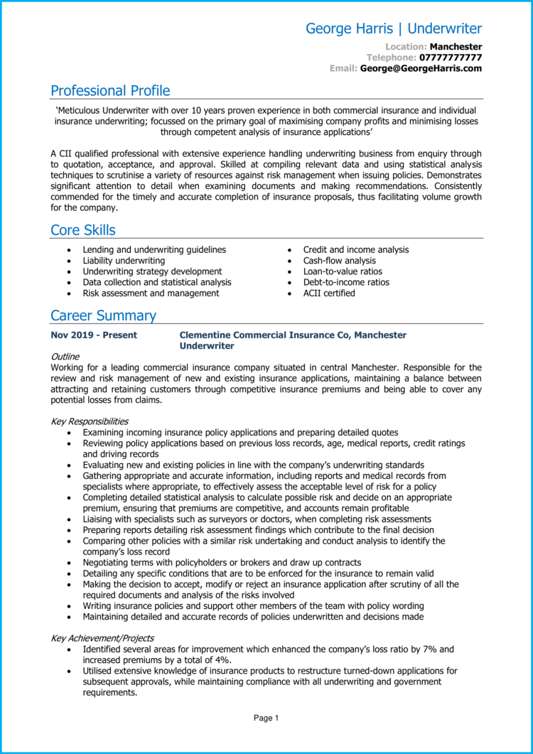 Underwriter CV example + writing guide [Get noticed]