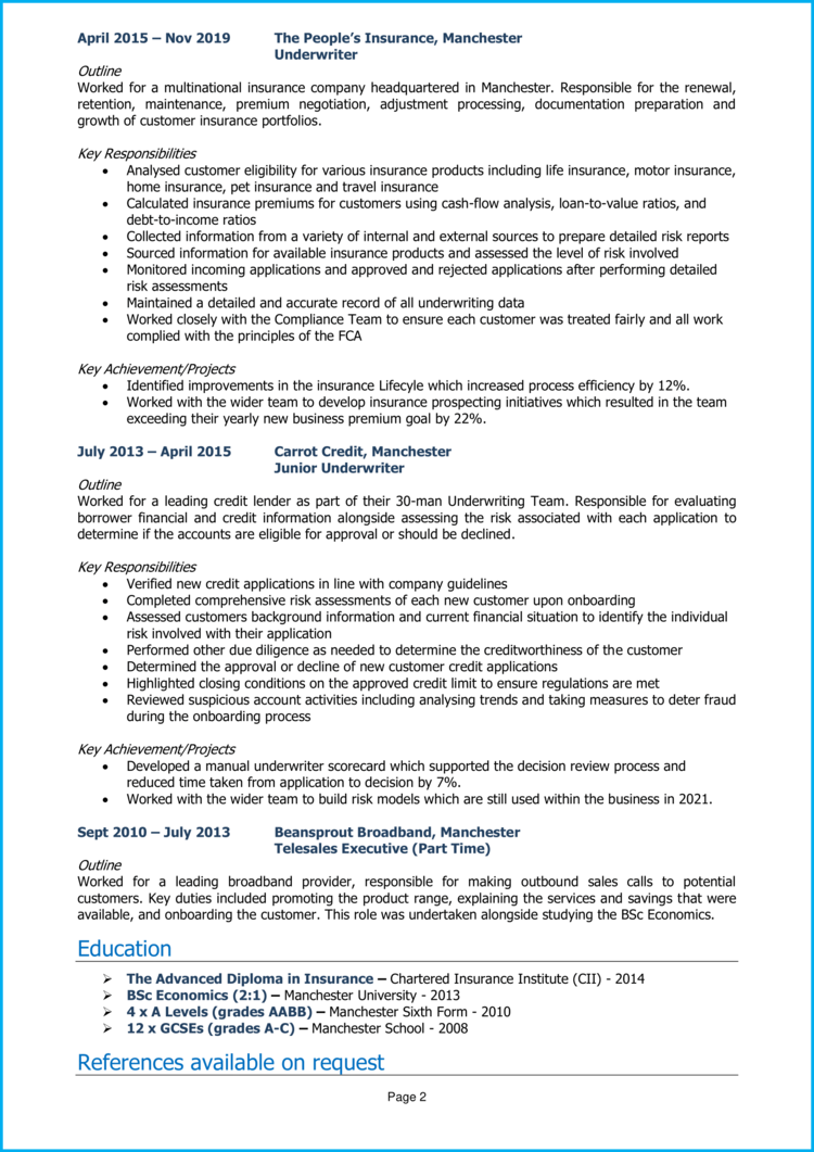 resume examples underwriter