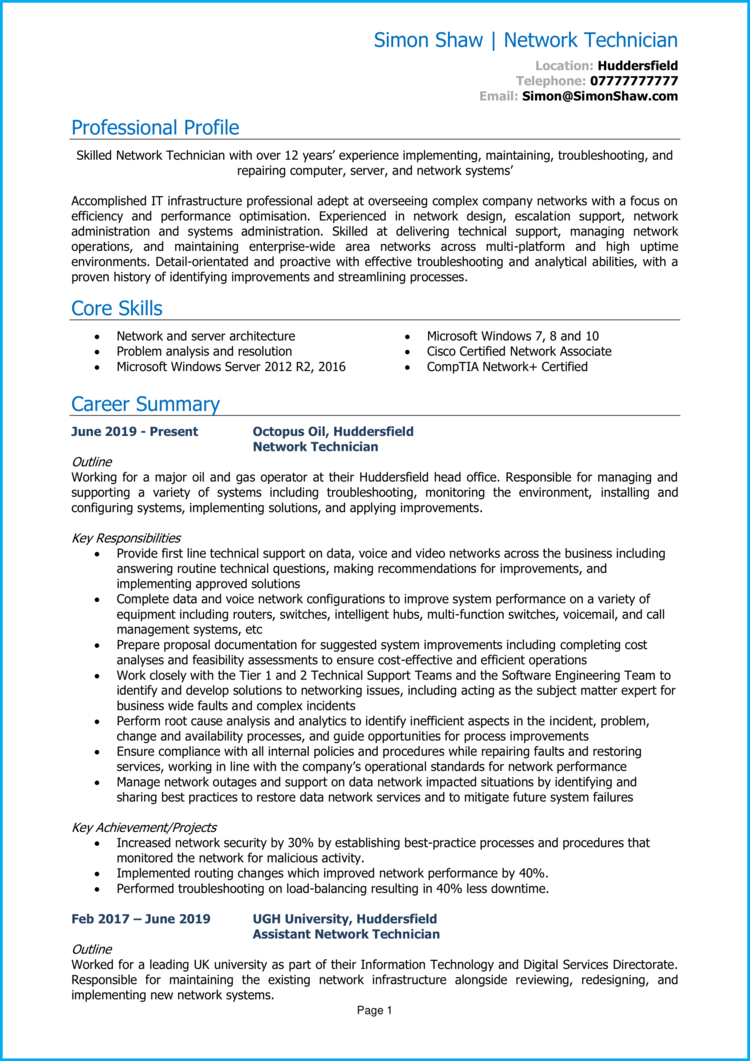 Network Technician CV example + guide [Land the best jobs]