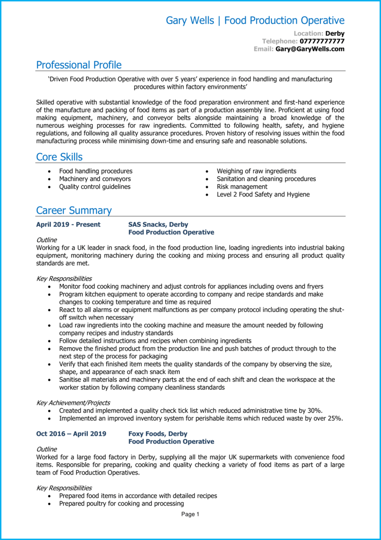 Production Operative Job Description Cv