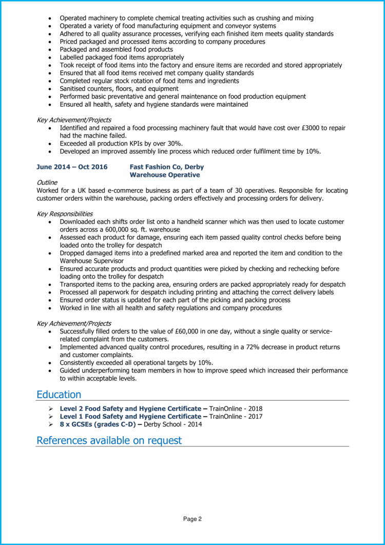 CV d'opérateur de production alimentaire 2