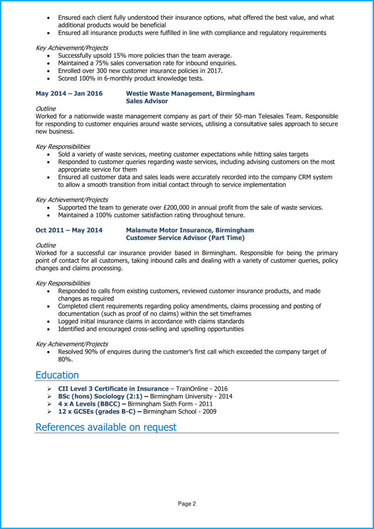 Insurance Sales Executive CV 2