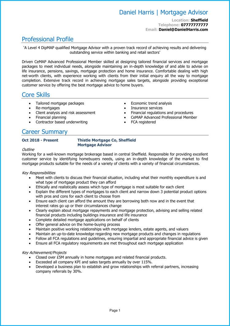 Exemple De CV Conseiller Hypoth Caire Guide Win Those Jobs   Mortgage Advisor CV 1 