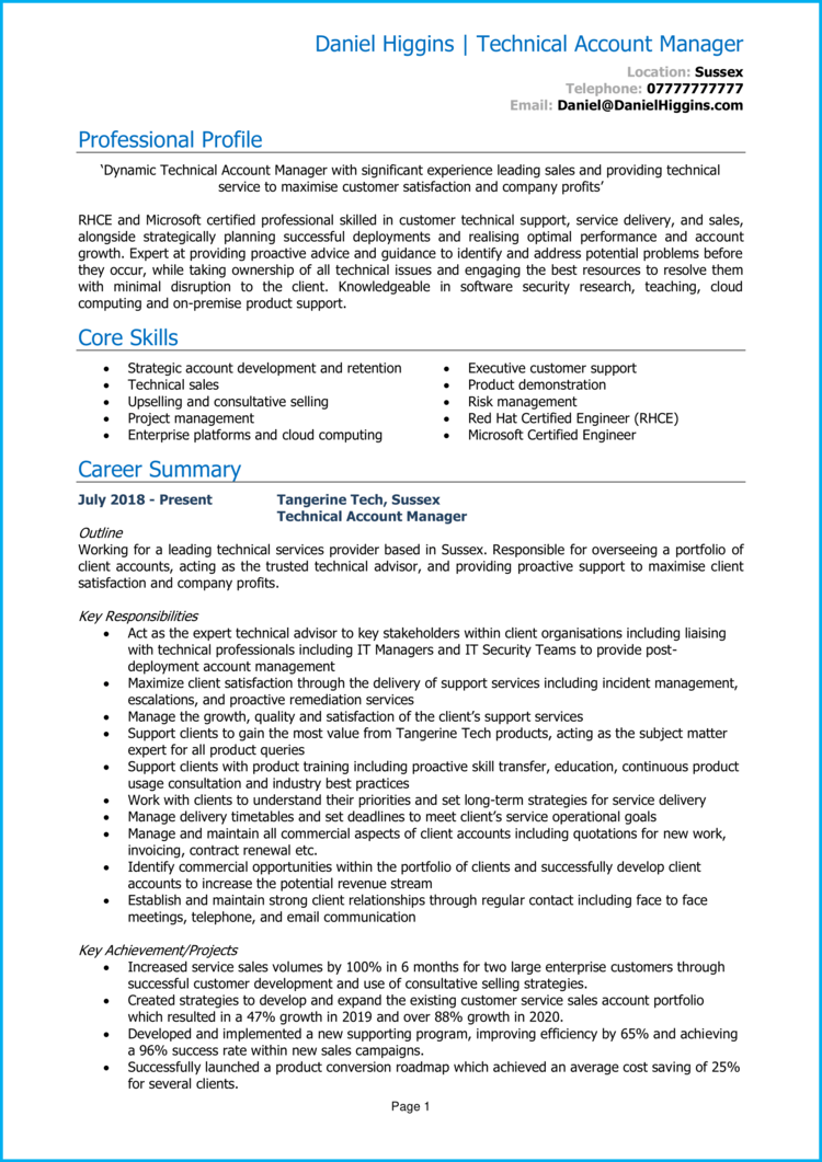 Technical Account Manager CV example + CV template