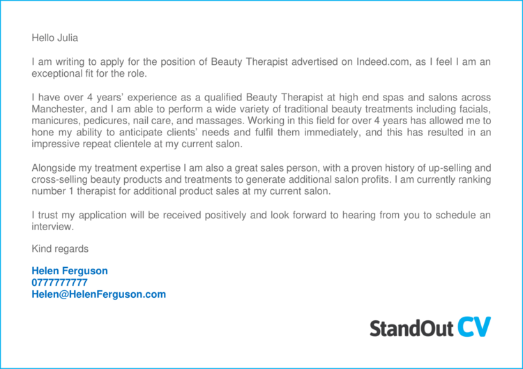 beauty therapy cover letter examples