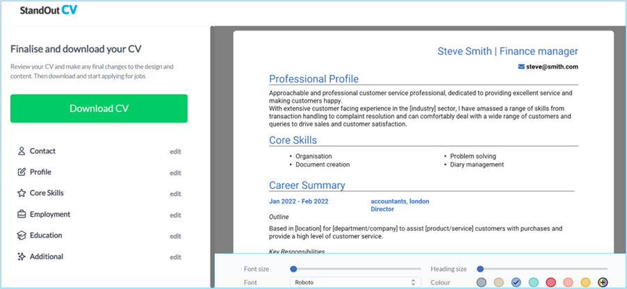 Finalise and download CV