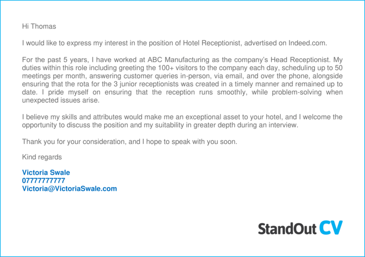 cover letter sample for hotel receptionist