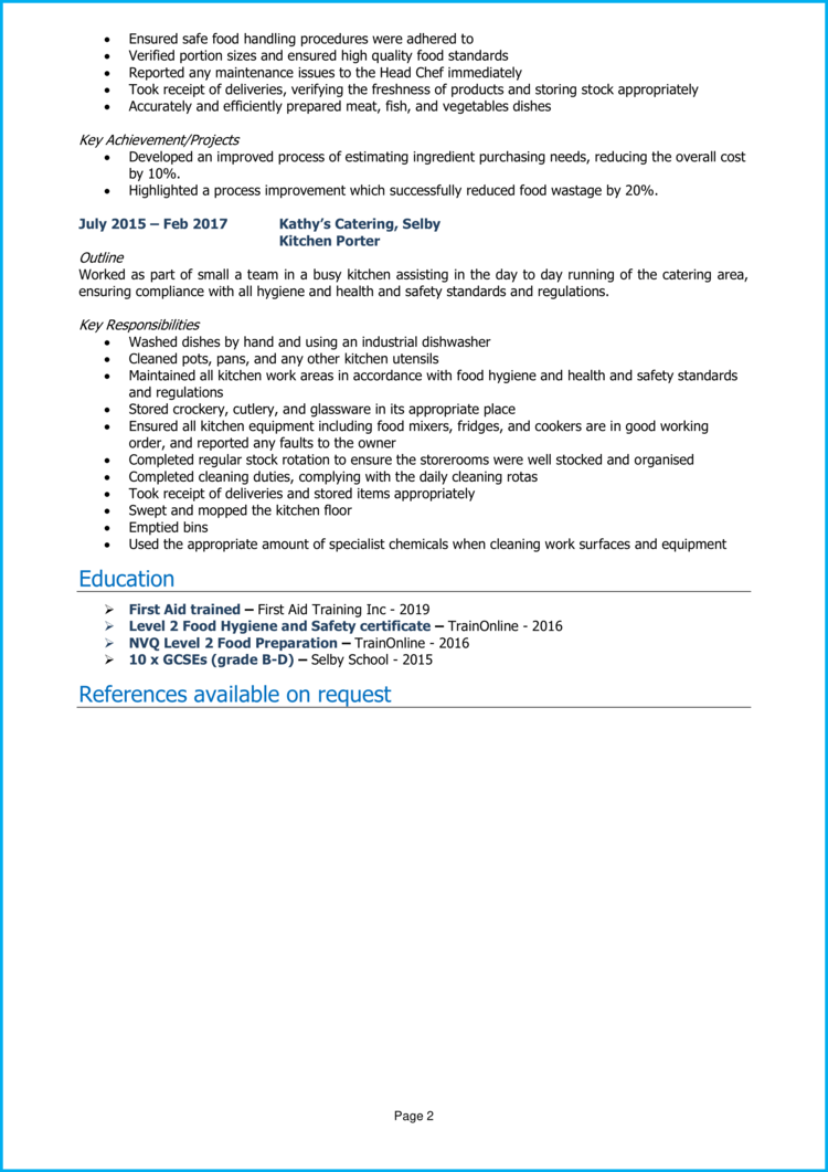 Kitchen Assistant CV Example Guide Land The Best Jobs   Kitchen Assistant CV 2 