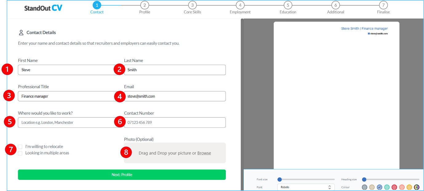 Online CV builder contact details