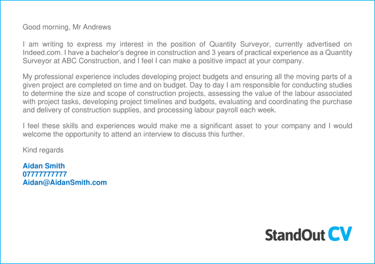 quantity surveyor application letter