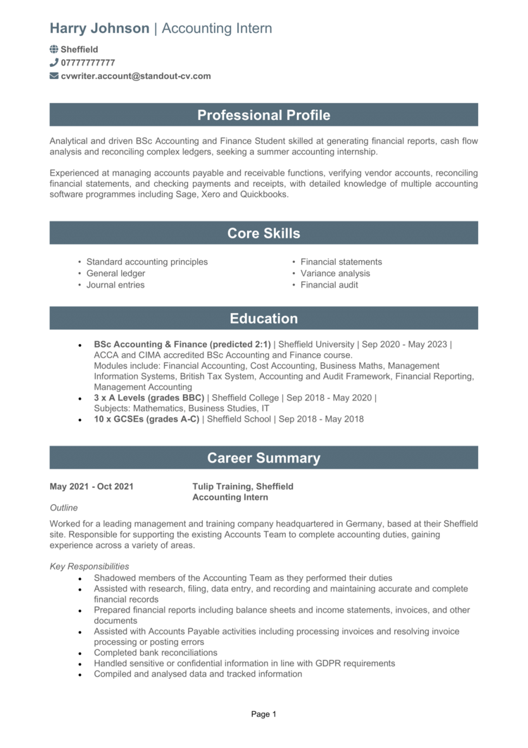 Accounting Intern CV Example Guide Land A Top Job   Accounting Intern CV 1 