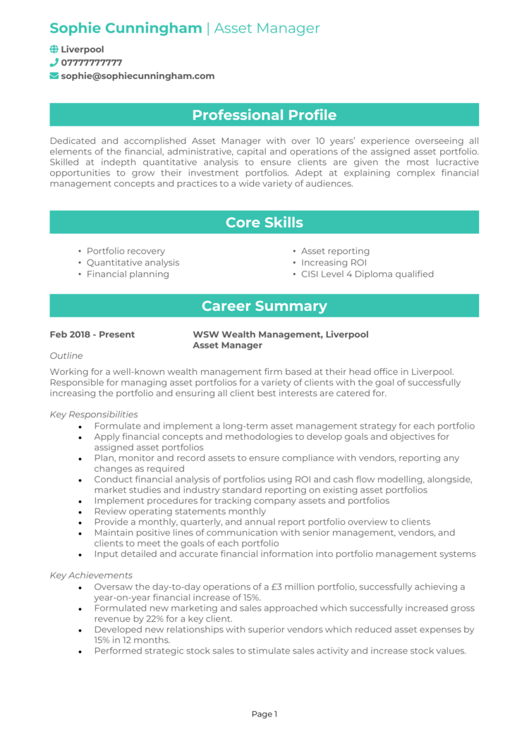 Asset Manager CV example + writing guide [Land a top job]