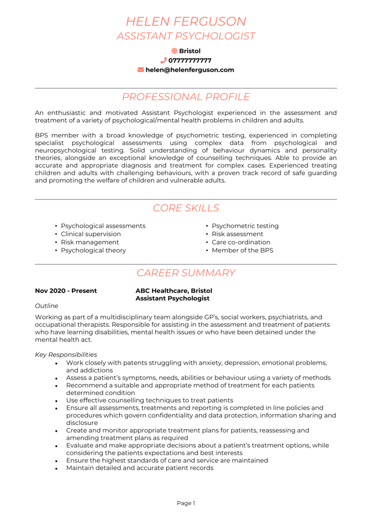 Assistant Psychologist CV example [Land the best jobs]