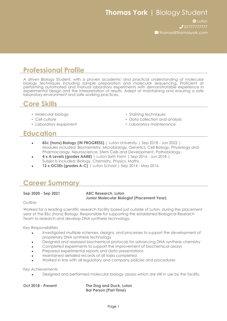 Biology Student CV 1