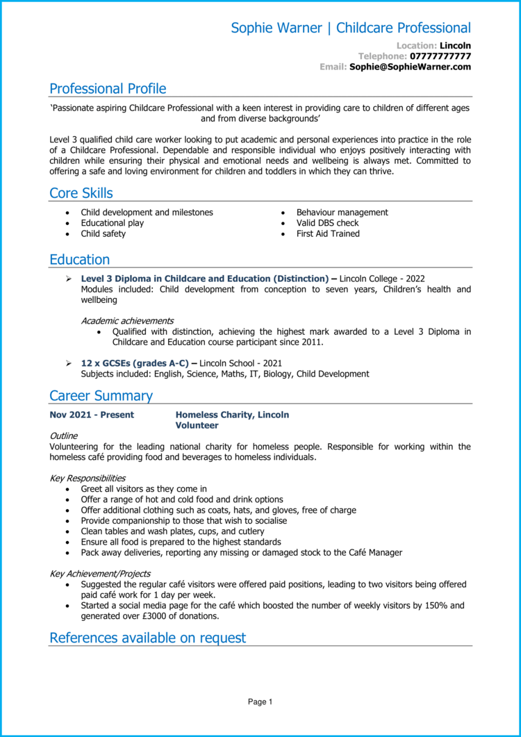 Childcare No Experience CV Example Guide Win Those Jobs   Childcare No Experience CV 1 