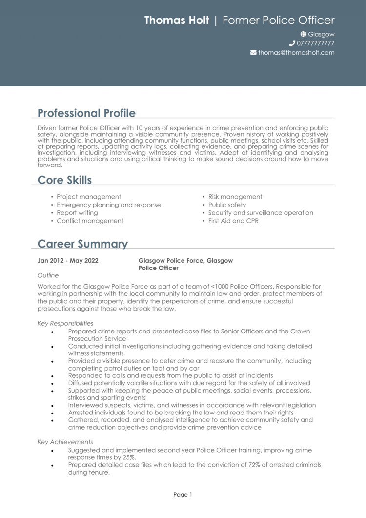 Ex Police Officer CV 1