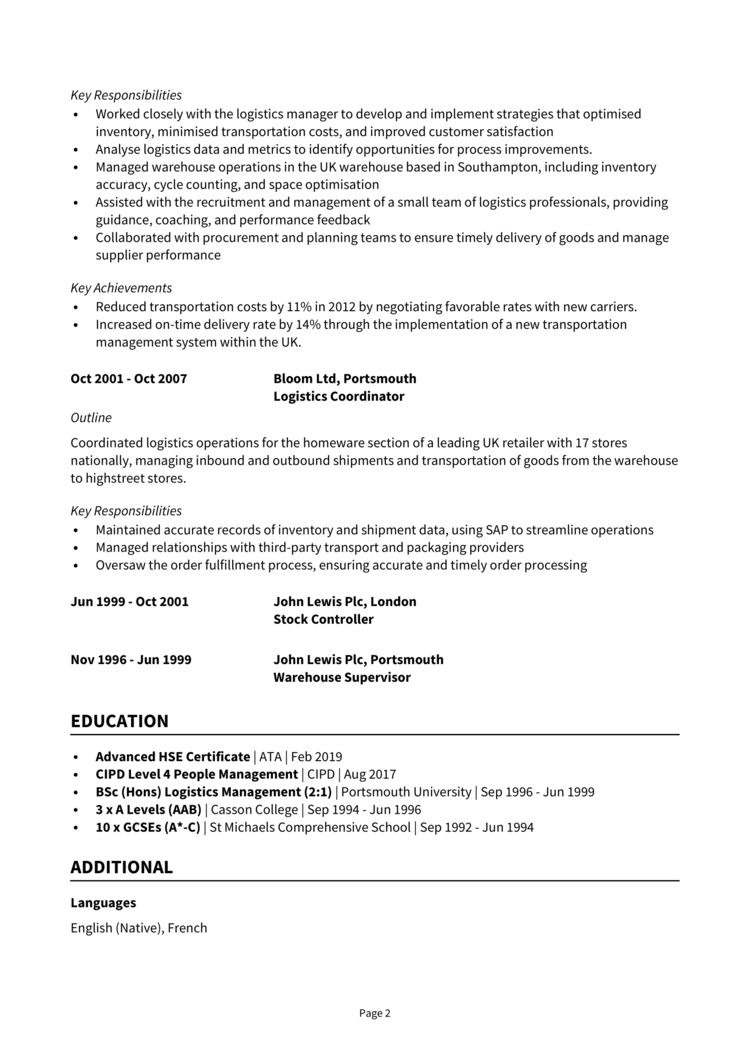 Logistics Manager CV-2