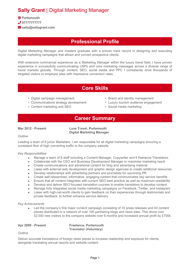 Google docs Marketing CV example 1