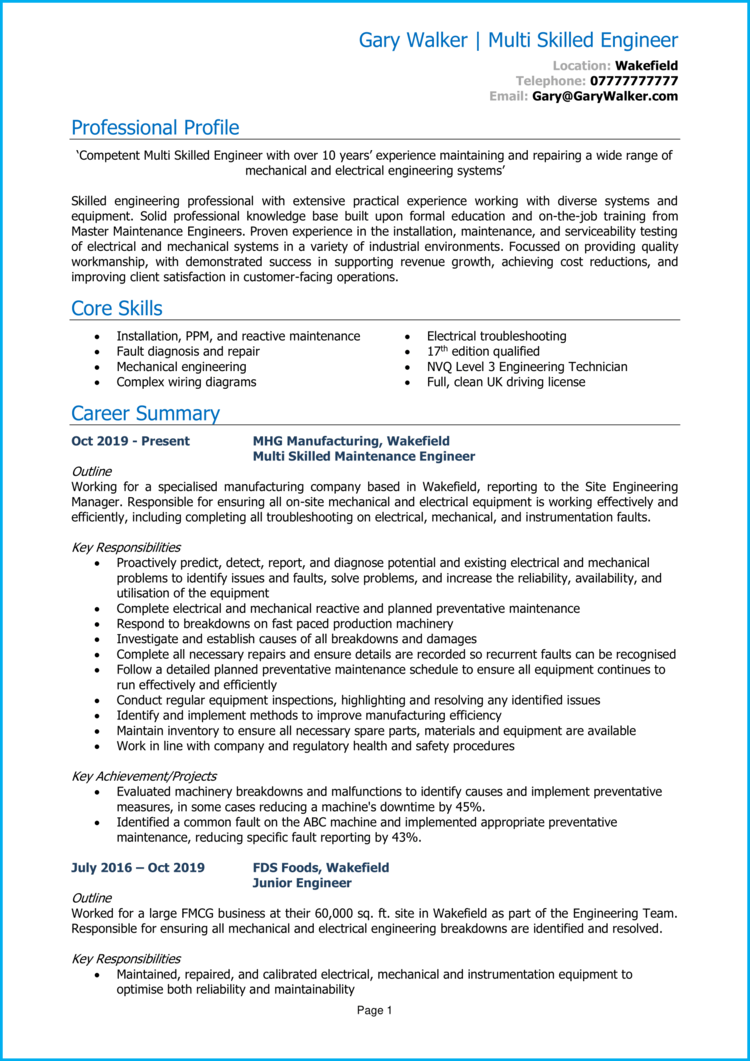 Multi Skilled Engineer CV example [Land the best jobs]