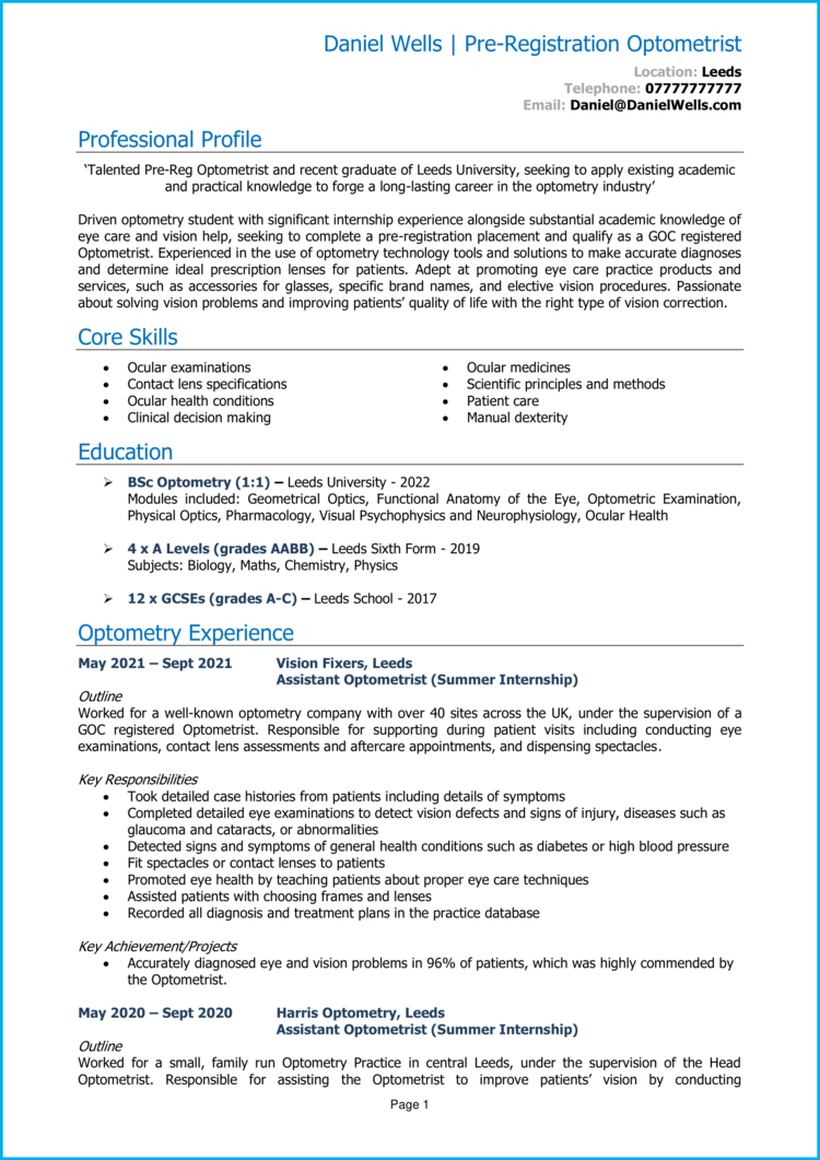 Pre Reg Optometrist CV 1