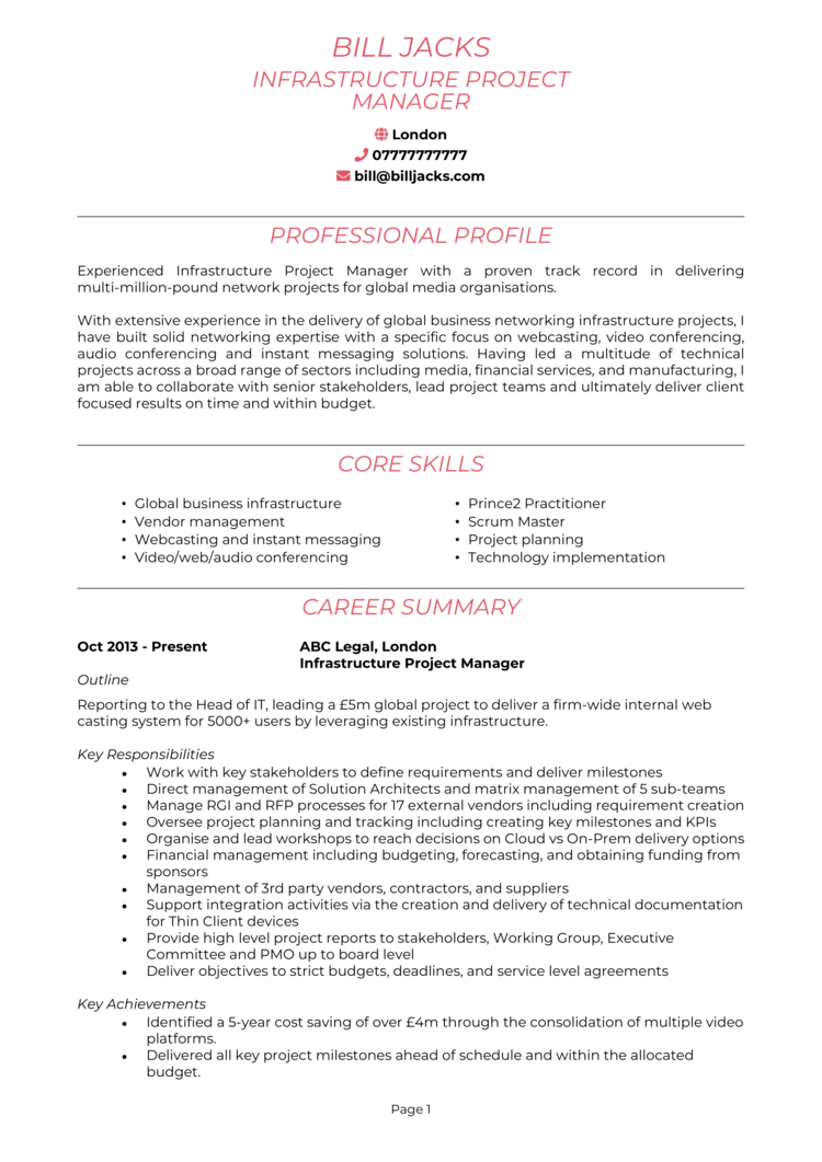 Project Manager CV example 1