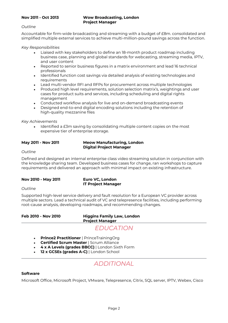 Project Manager CV example 2