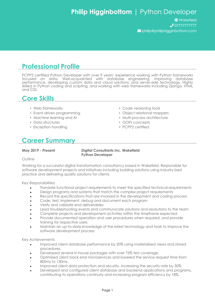 python developer cv 22+ python developer resume for 2 years experience ...