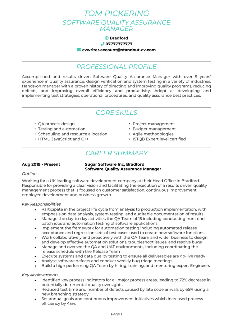 Responsable Assurance Qualité Logiciel CV 1