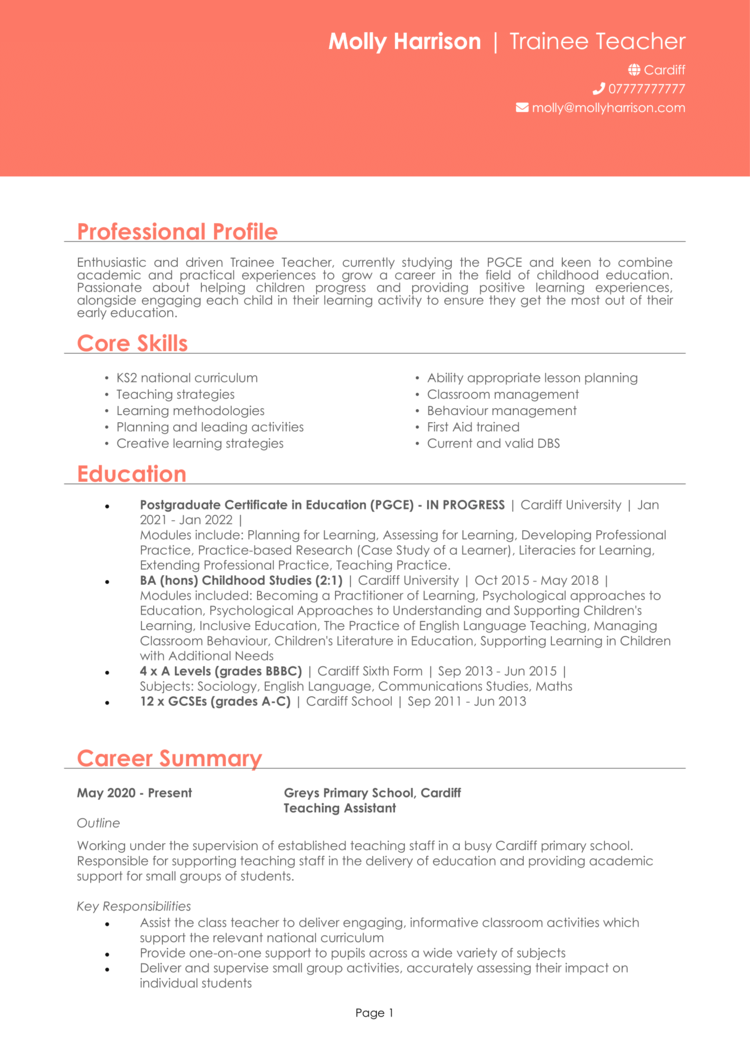 Trainee Teacher CV example + guide [Get noticed]