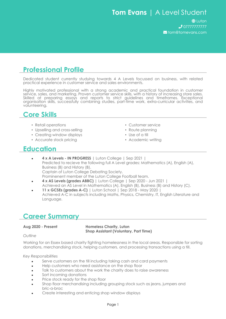 recept Uitstekend efficiënt A Level Student CV example + guide and CV template