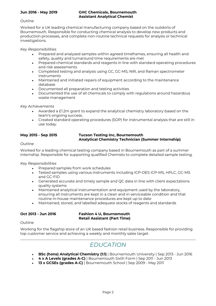 Analytical Chemist CV Example Guide Land The Best Jobs   Analytical Chemist CV 2 