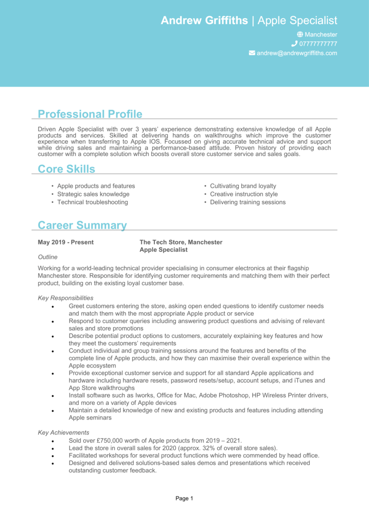 Apple Specialist CV example & guide [Get more interviews]