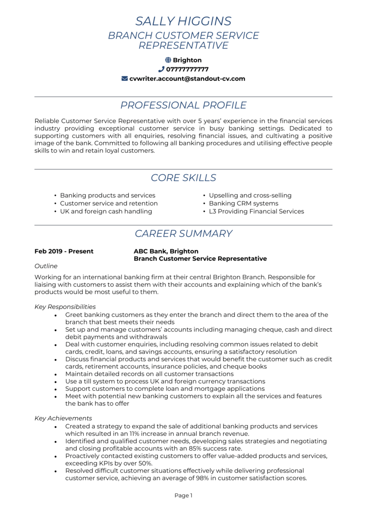 bank customer service job description resume