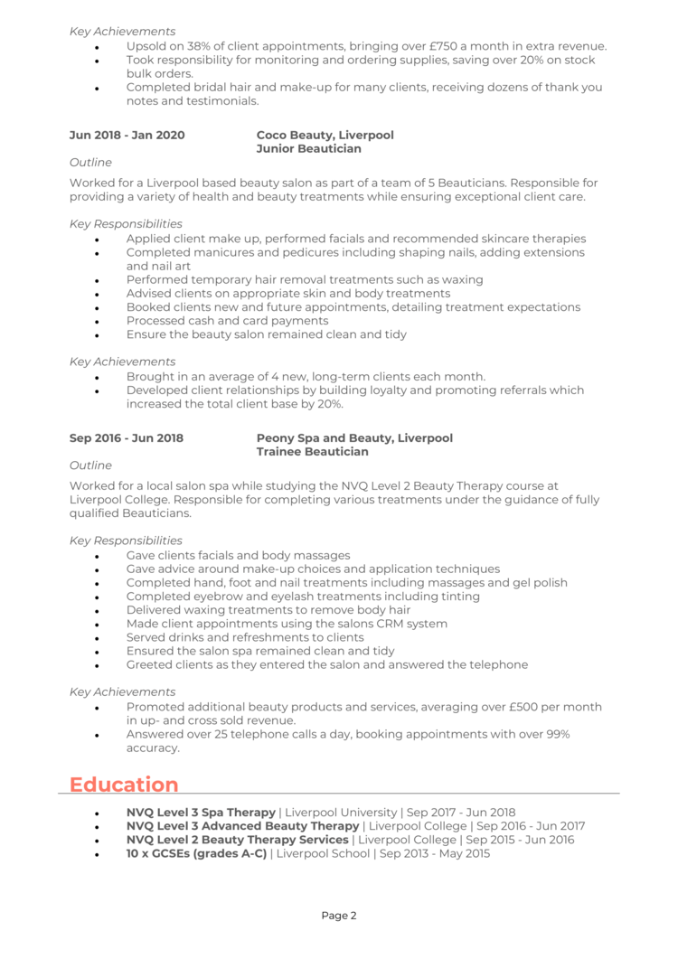 resume for beautician format