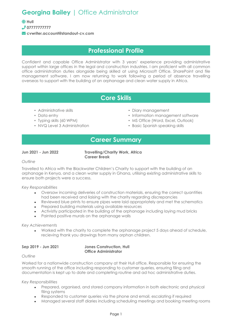 sample resume for career break