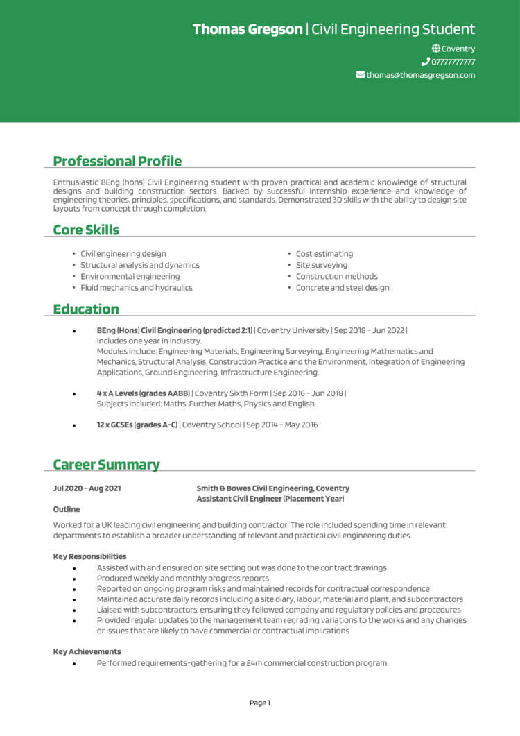 resume examples for civil engineering student