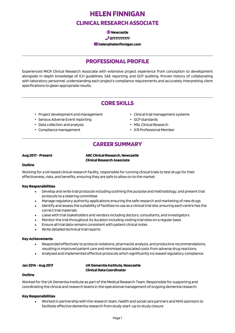 Clinical Research Associate CV Example Guide CRA   Clinical Research Associate CV 1 