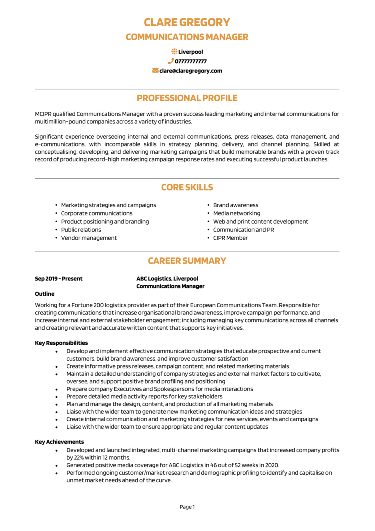 Communications Manager CV 1