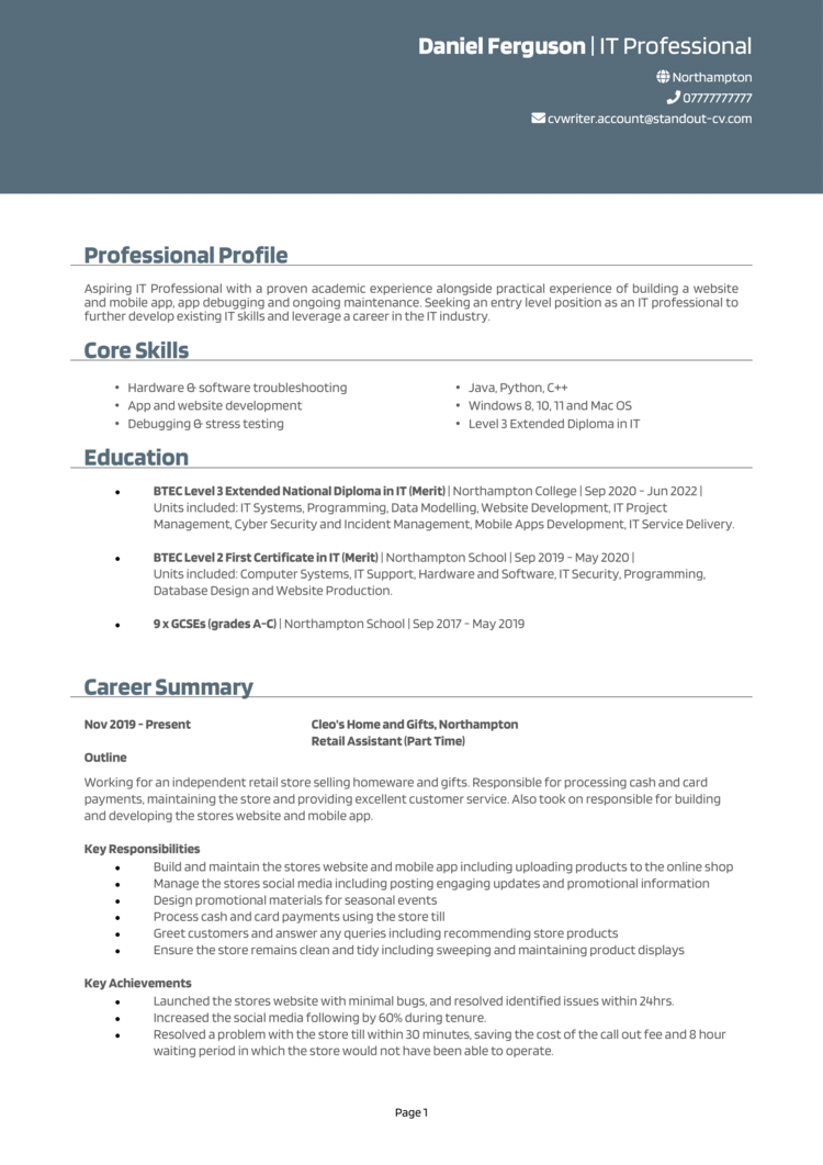 Computer Science CV (with no experience) example [Get hired]