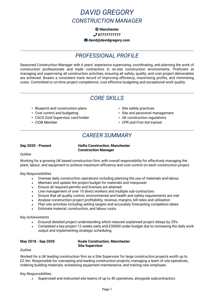 Construction Manager CV 1