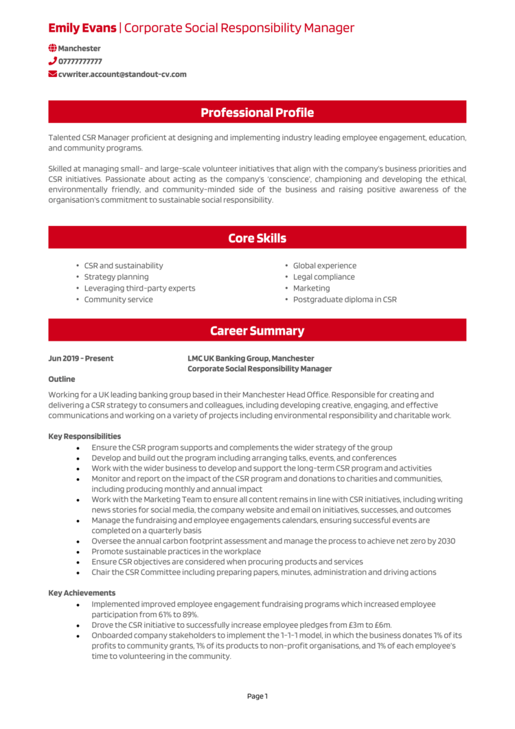 Corporate Social Responsibility CV example [Get hired quick]