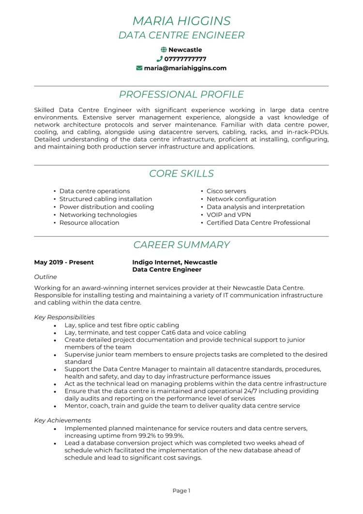 Data Centre Engineer CV 1