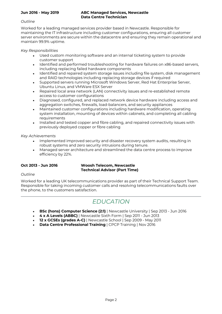 Data Centre Engineer CV 2