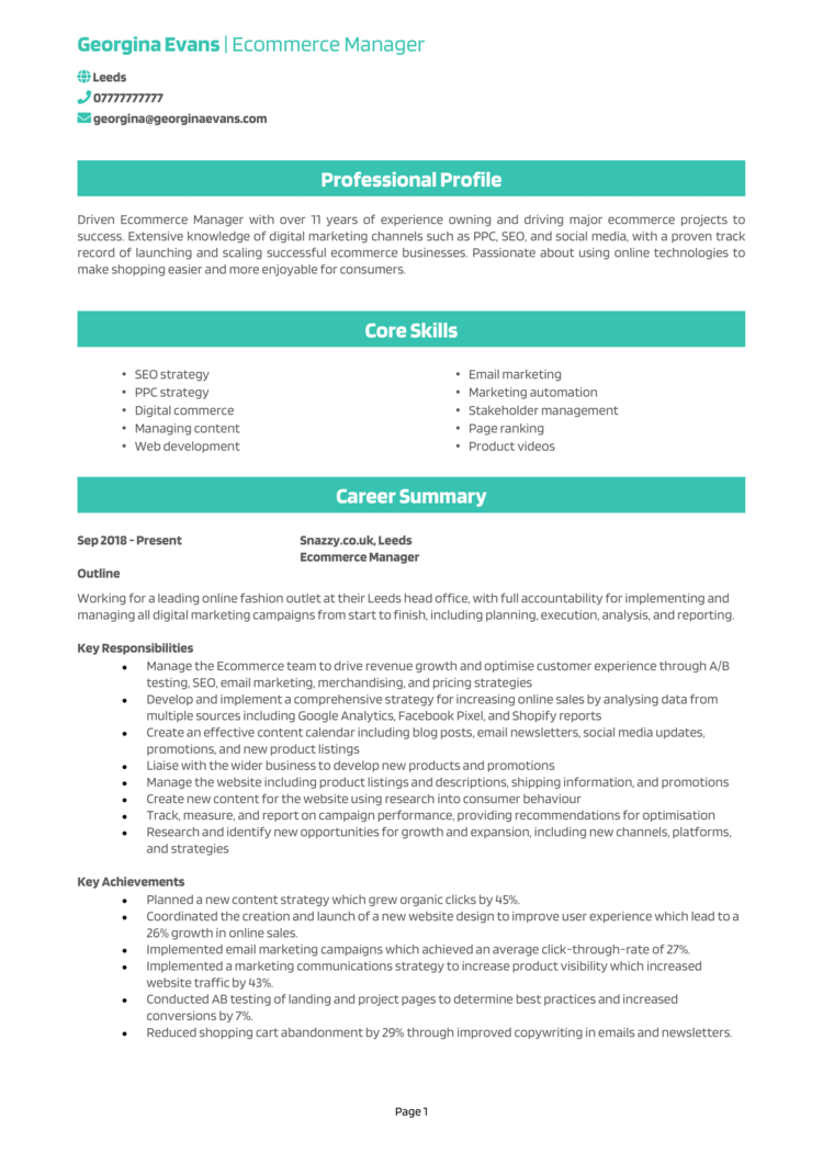 Ecommerce Manager CV example + guide and CV template