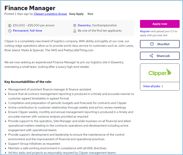 Finance job advert example