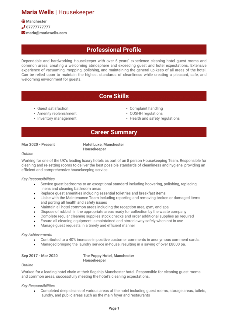 Hotel Housekeeper CV example + guide [Land a top job]