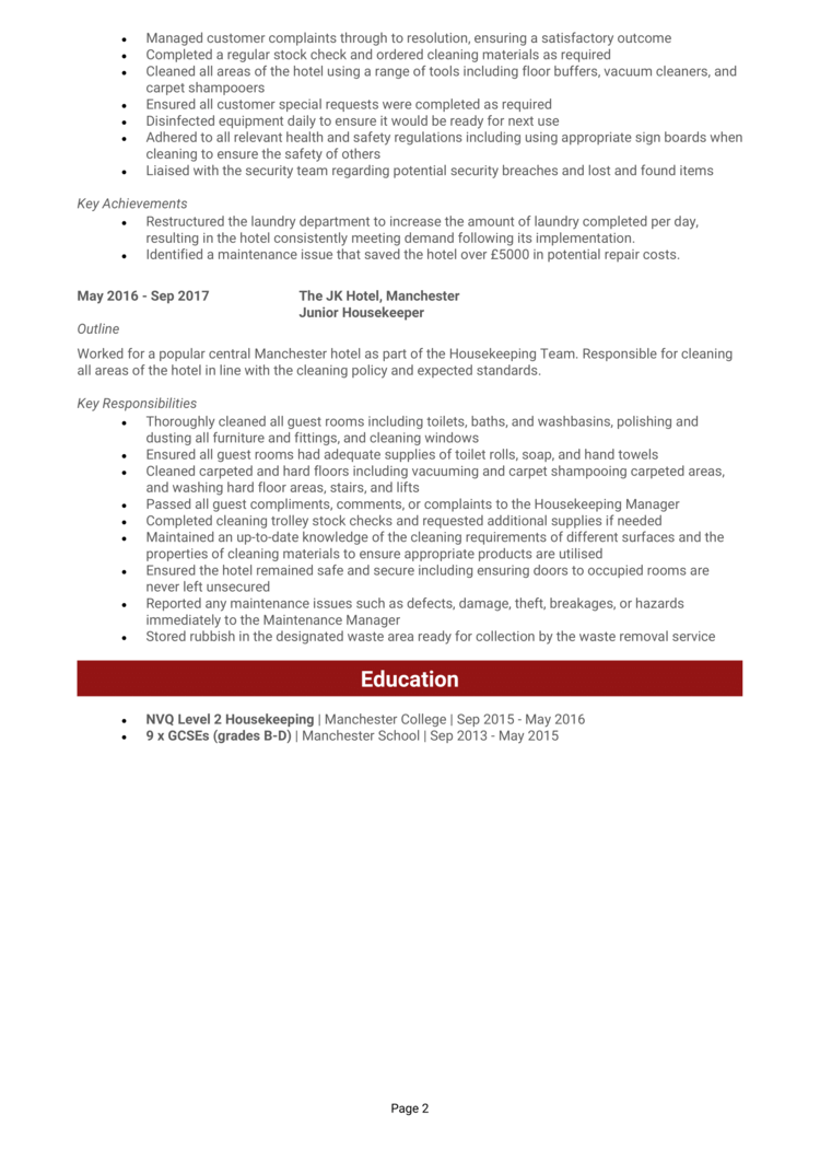 Hotel Housekeeper CV example + guide [Land a top job]